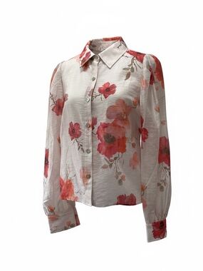 NWT Joie sheer, chic button-down blouse in red orange cream floral size medium